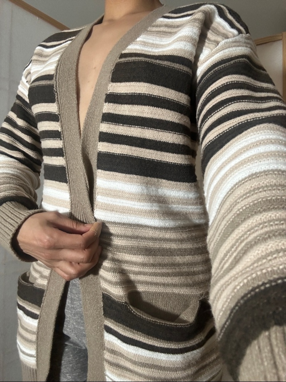 Striped Open-Front Cardigan in Beige, Cream and Black